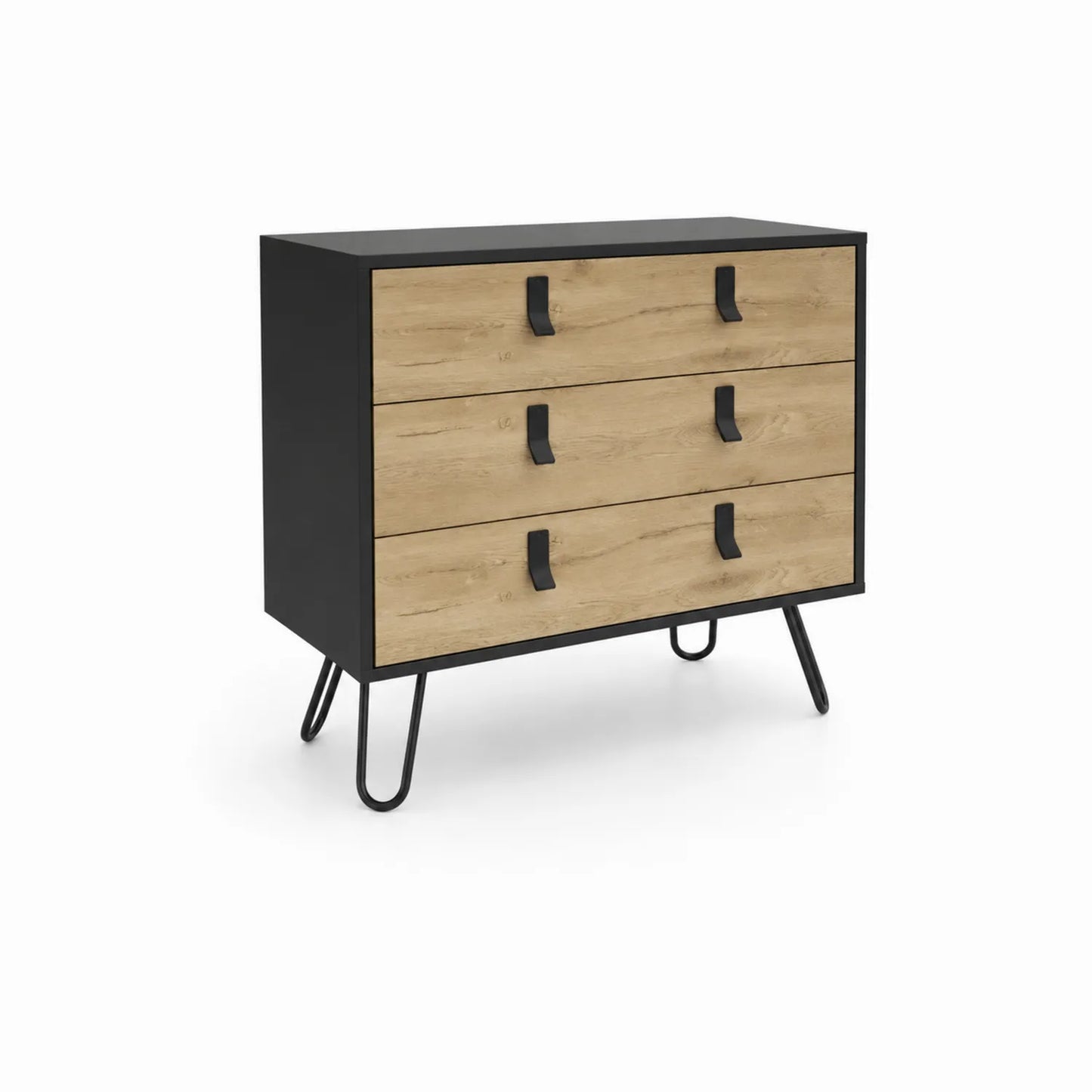 Commode en bois et métal avec 3 tiroirs chêne et noir