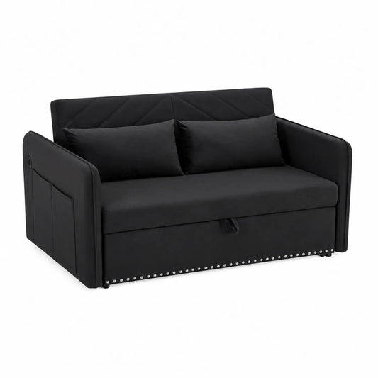 Canapé-lit en Tissu Noir avec Coffre de Rangement