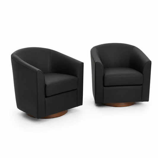 Lot de 2 fauteuils pivotants en cuir PU Noir avec base en bois