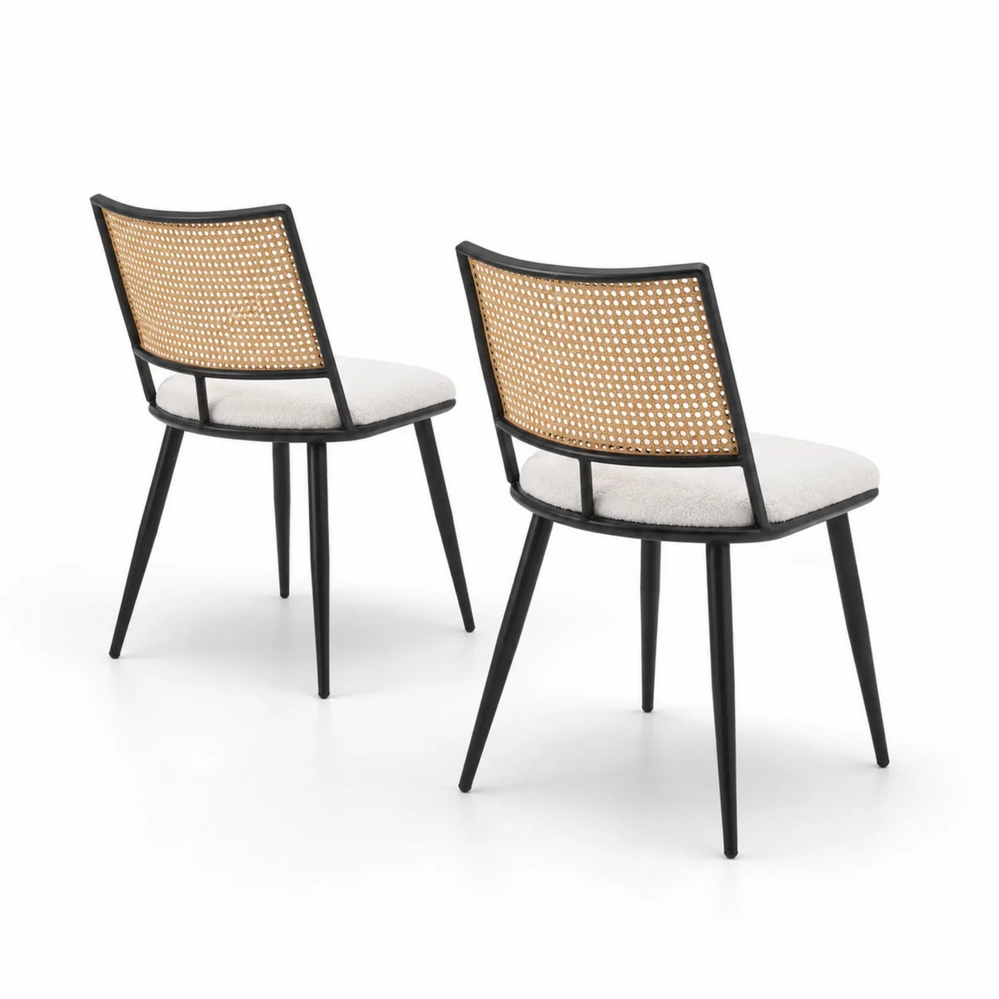 Lot de 2 chaises en métal et rotin avec assise en tissu crème