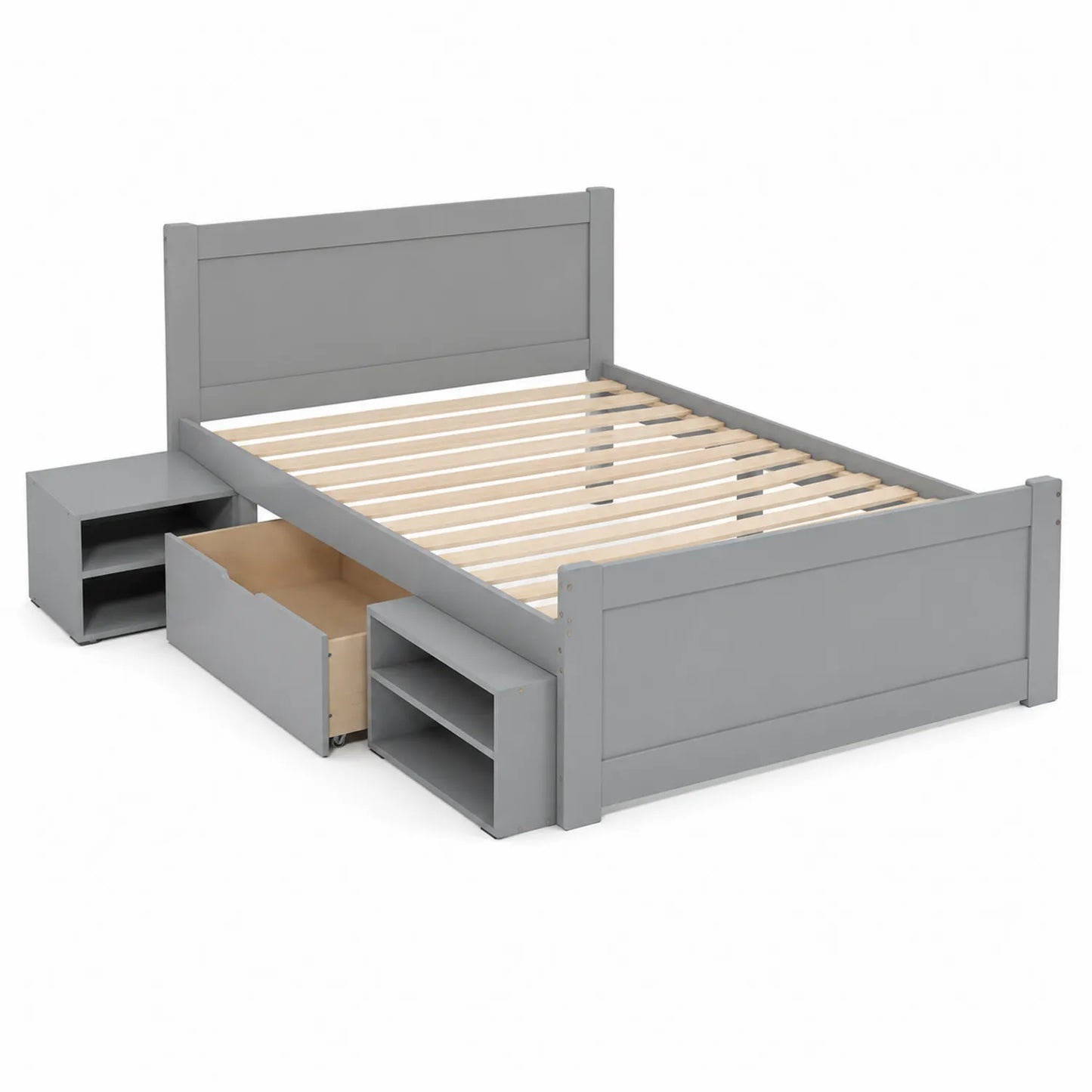 Lit double en bois avec rangements et tables de chevet en Gris