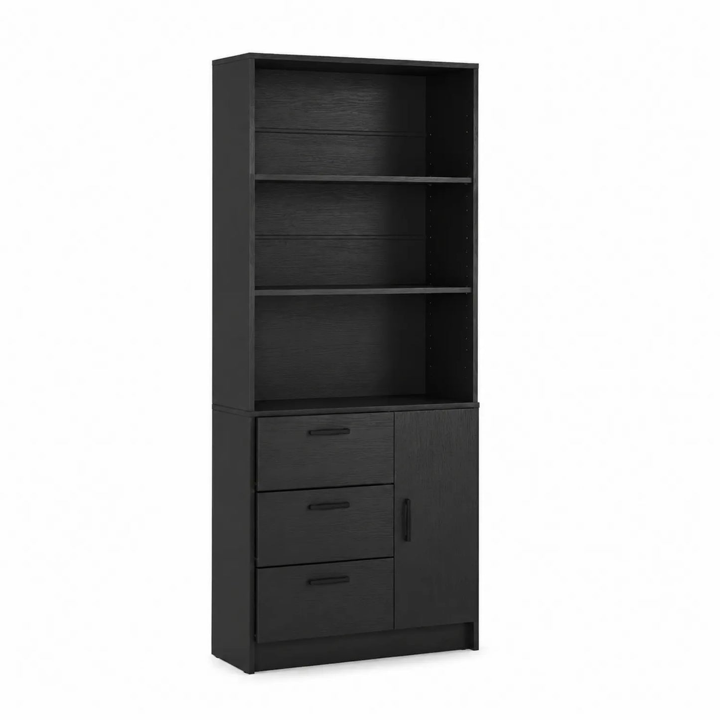 Bibliothèque noire en bois avec étagères réglables et tiroirs