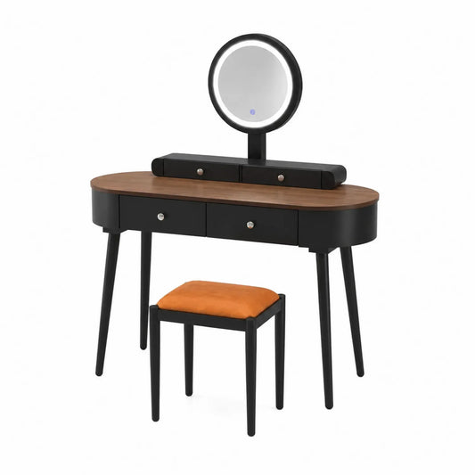 Coiffeuse avec miroir LED et tabouret en bois et métal noir et orange